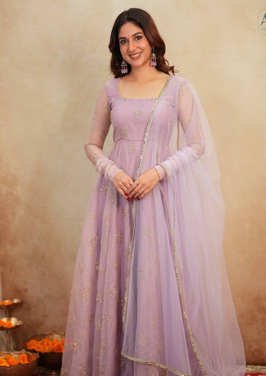 Stunning Lavender Orgenza with Hand Embroidery Work Gown
