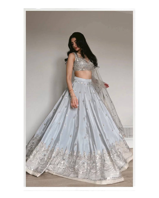 Amazing Silver Satin Silk Work Lehenga