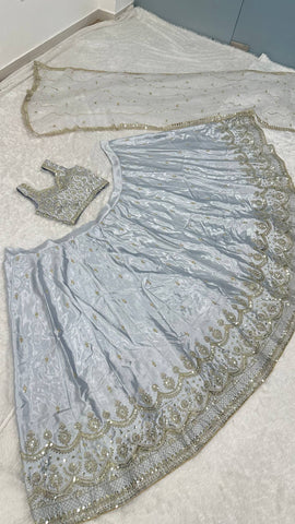 Amazing Silver Satin Silk Work Lehenga