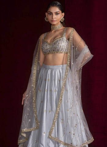 Amazing Silver Satin Silk Work Lehenga