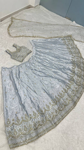 Amazing Silver Satin Silk Work Lehenga