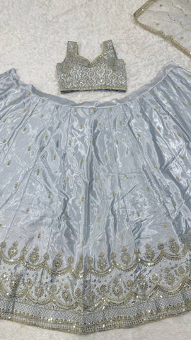 Amazing Silver Satin Silk Work Lehenga