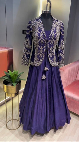 Stylish Purple Chinon Heavy Embroidery Work Gown