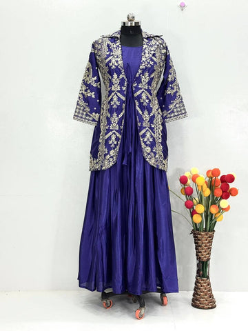 Stylish Purple Chinon Heavy Embroidery Work Gown