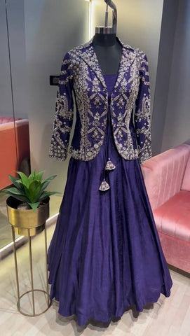 Stylish Purple Chinon Heavy Embroidery Work Gown