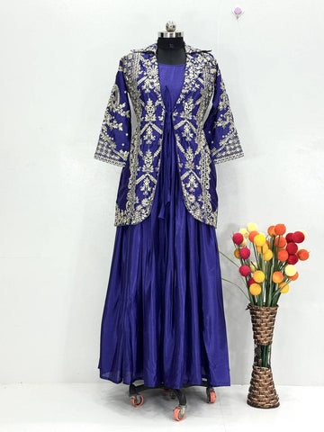 Stylish Purple Chinon Heavy Embroidery Work Gown