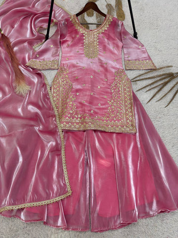 Exclusive Pink Silk with Embroidery Work Palazzo Suit