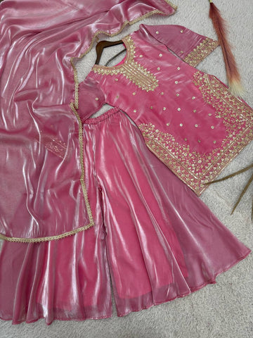 Exclusive Pink Silk with Embroidery Work Palazzo Suit