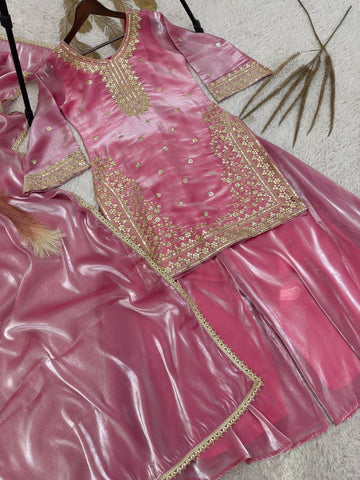 Exclusive Pink Silk with Embroidery Work Palazzo Suit