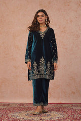 Charming Blue Heavy Viscose Velvet Thread Work Suit