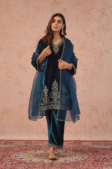 Charming Blue Heavy Viscose Velvet Thread Work Suit