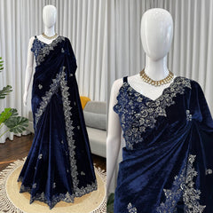 Elegant Navy Viscose Velvet Thread Work Saree