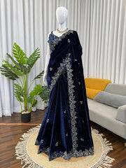 Elegant Navy Viscose Velvet Thread Work Saree