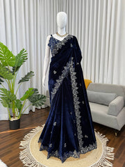 Elegant Navy Viscose Velvet Thread Work Saree