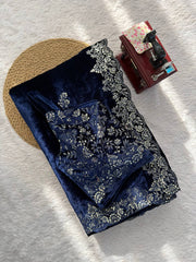 Elegant Navy Viscose Velvet Thread Work Saree