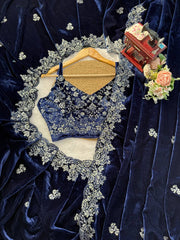 Elegant Navy Viscose Velvet Thread Work Saree