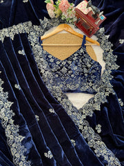 Elegant Navy Viscose Velvet Thread Work Saree