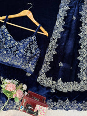Elegant Navy Viscose Velvet Thread Work Saree