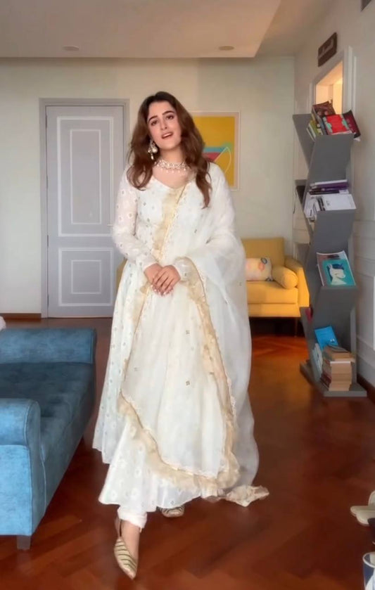 Stunning White Faux Blooming with Multi Thread Work Anarkali Suit