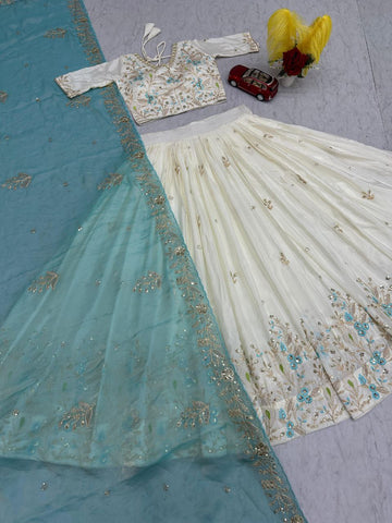 Exclusive Blue Chinon Embroidery Work Lehenga