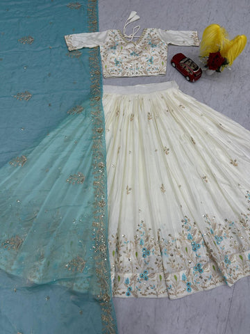 Exclusive Blue Chinon Embroidery Work Lehenga