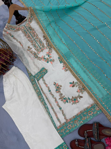 Exclusive White Heavy Embroidery Sharara Suit