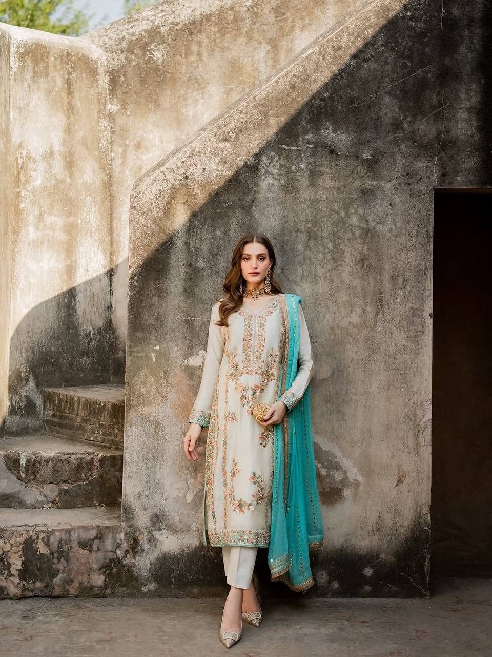 Exclusive White Heavy Embroidery Sharara Suit