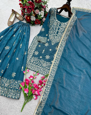 Lovely Blue Nc Jimmy Silk With Embroidery Sarara Suit