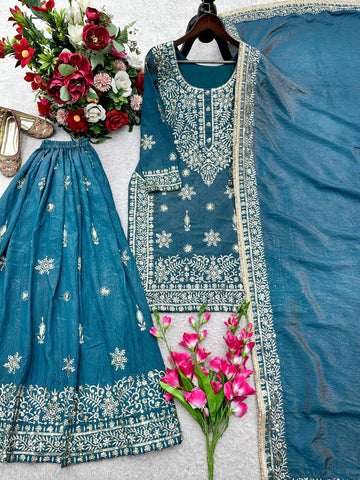 Lovely Blue Nc Jimmy Silk With Embroidery Sarara Suit