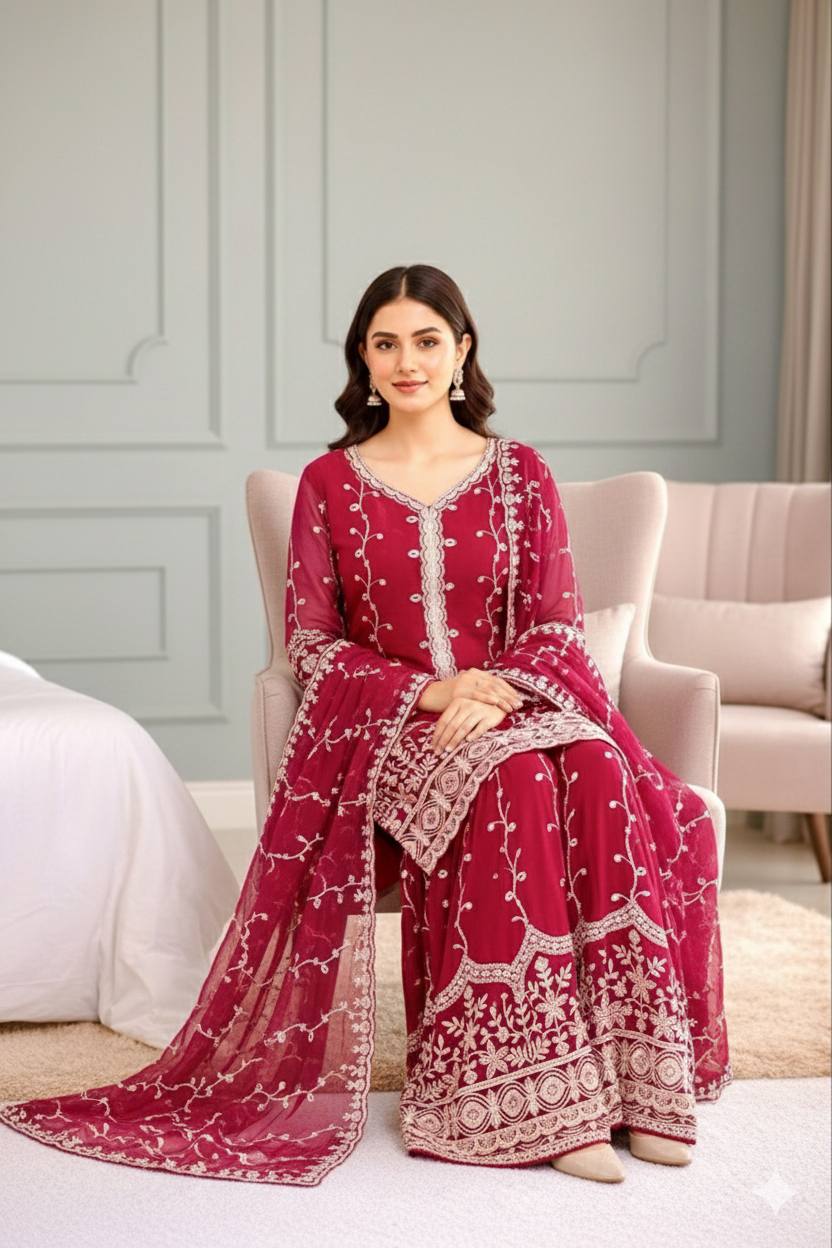 Exclusive Red Pure Fendy Silk Embroidery Work Sharara Suit