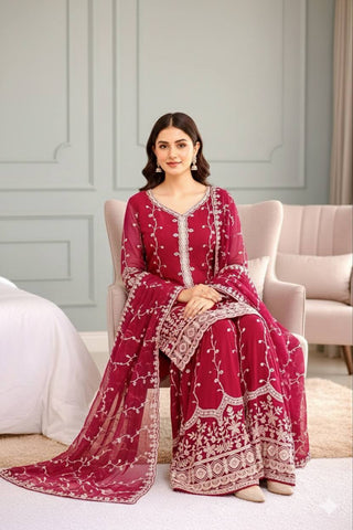 Exclusive Red Pure Fendy Silk Embroidery Work Sharara Suit