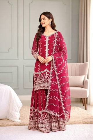 Exclusive Red Pure Fendy Silk Embroidery Work Sharara Suit