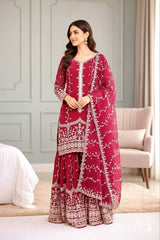 Exclusive Red Pure Fendy Silk Embroidery Work Sharara Suit