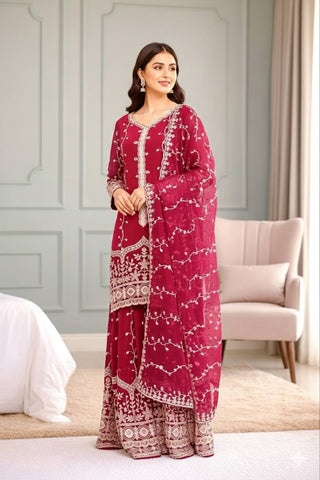 Exclusive Red Pure Fendy Silk Embroidery Work Sharara Suit