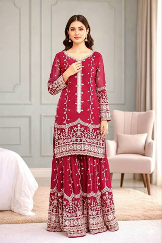 Exclusive Red Pure Fendy Silk Embroidery Work Sharara Suit