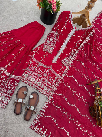 Exclusive Red Pure Fendy Silk Embroidery Work Sharara Suit