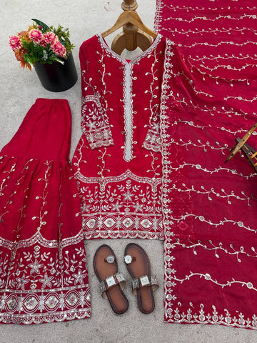 Exclusive Red Pure Fendy Silk Embroidery Work Sharara Suit