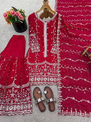 Exclusive Red Pure Fendy Silk Embroidery Work Sharara Suit