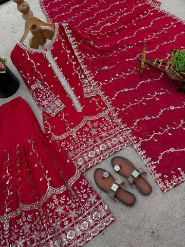 Exclusive Red Pure Fendy Silk Embroidery Work Sharara Suit