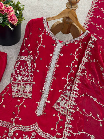 Exclusive Red Pure Fendy Silk Embroidery Work Sharara Suit