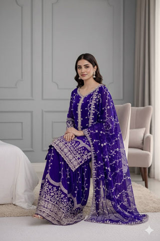 Exclusive Red Pure Fendy Silk Embroidery Work Sharara Suit