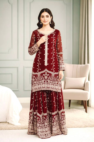 Exclusive Red Pure Fendy Silk Embroidery Work Sharara Suit