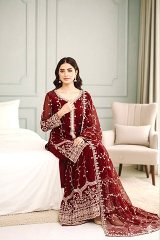 Exclusive Red Pure Fendy Silk Embroidery Work Sharara Suit