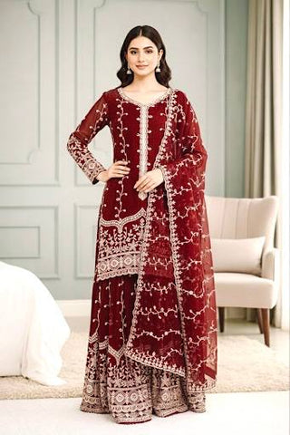 Exclusive Red Pure Fendy Silk Embroidery Work Sharara Suit