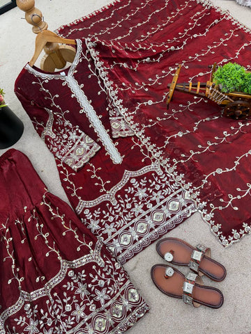 Exclusive Red Pure Fendy Silk Embroidery Work Sharara Suit