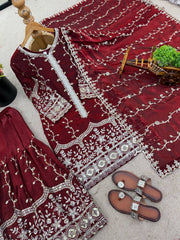 Exclusive Red Pure Fendy Silk Embroidery Work Sharara Suit