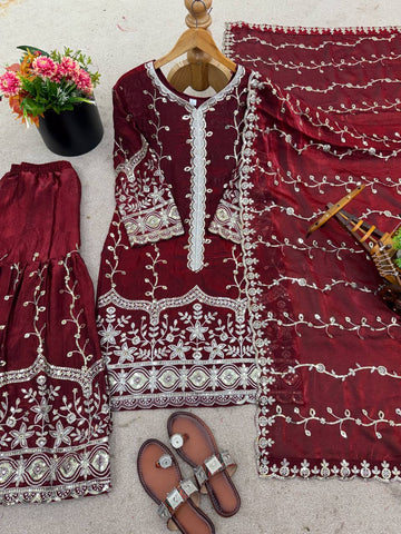 Exclusive Red Pure Fendy Silk Embroidery Work Sharara Suit