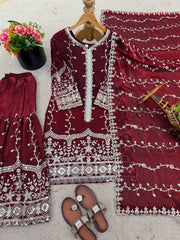 Exclusive Red Pure Fendy Silk Embroidery Work Sharara Suit