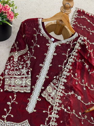 Exclusive Red Pure Fendy Silk Embroidery Work Sharara Suit