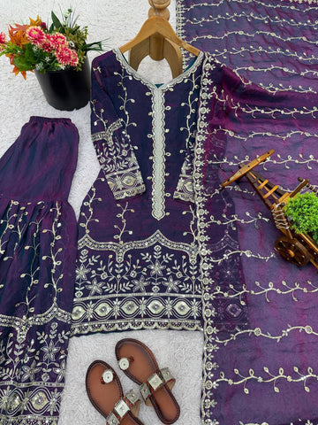 Exclusive Red Pure Fendy Silk Embroidery Work Sharara Suit